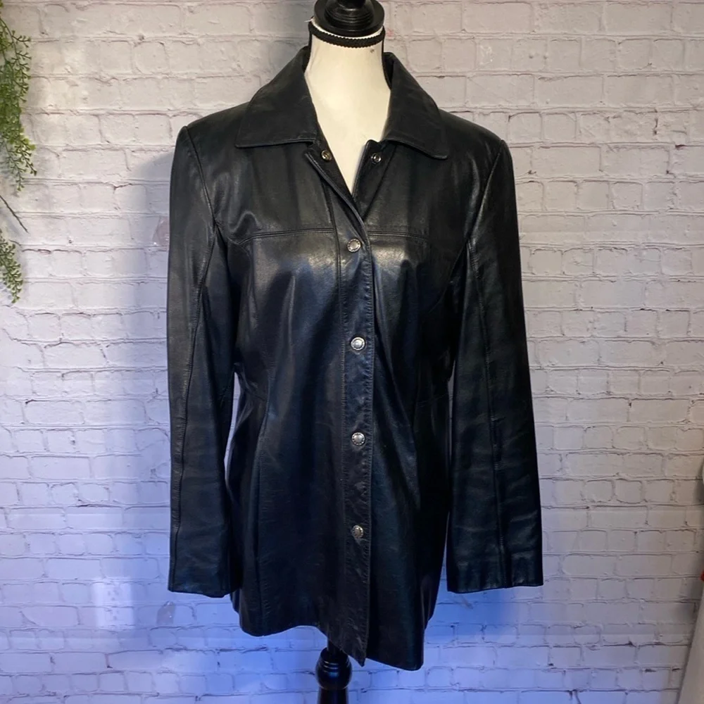 Danier Leather Black Vintage Snap Button Long Moto Blazer Jacket Size M - Picture 3 of 17
